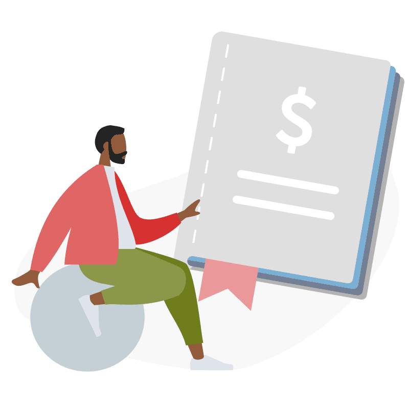 Illustration of man sitting in front of a large book with a dollar sign on it