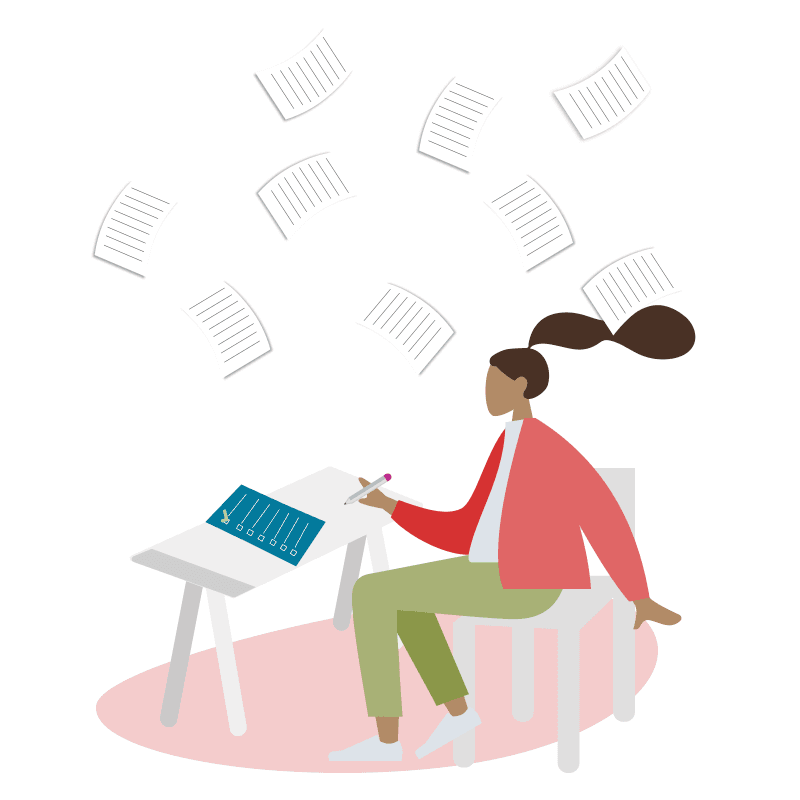Illustration of woman sitting at a desk with papers flying around her