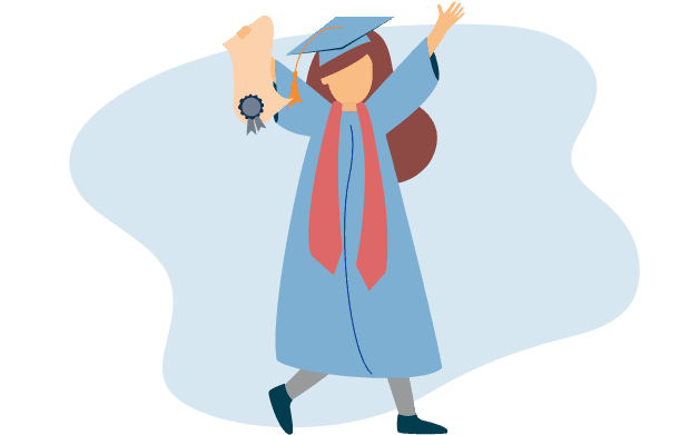Illustration of a woman in graduation clothes holding a certificate