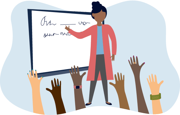 Illustration of a teacher by a whiteboard with a bunch of students hands raised