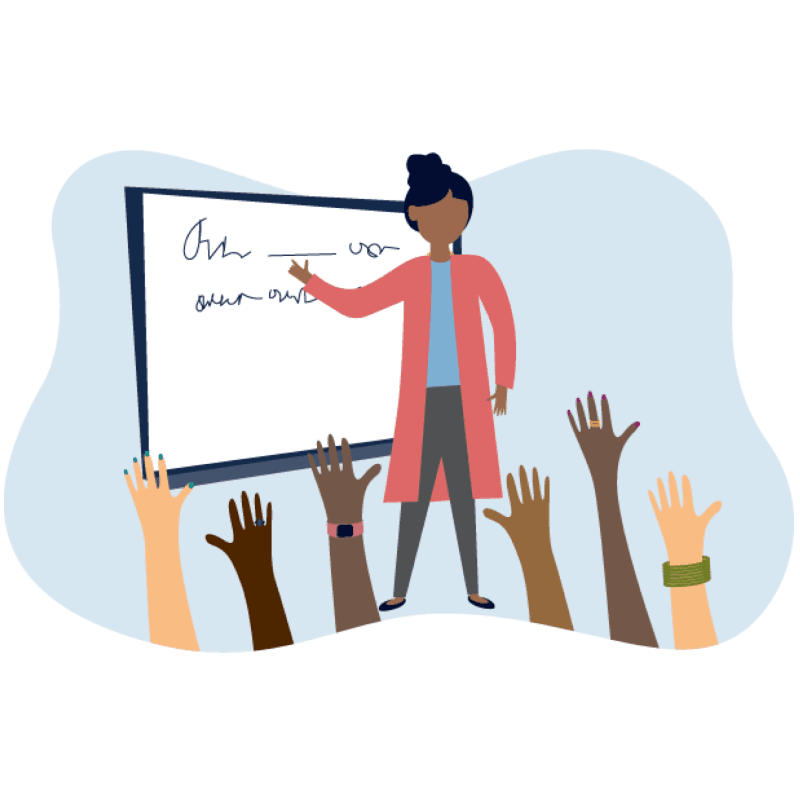 Illustration of a woman in front of a classroom with students raising their hands