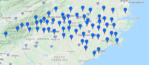 Map of North Carolina, with all NCCC campuses marked