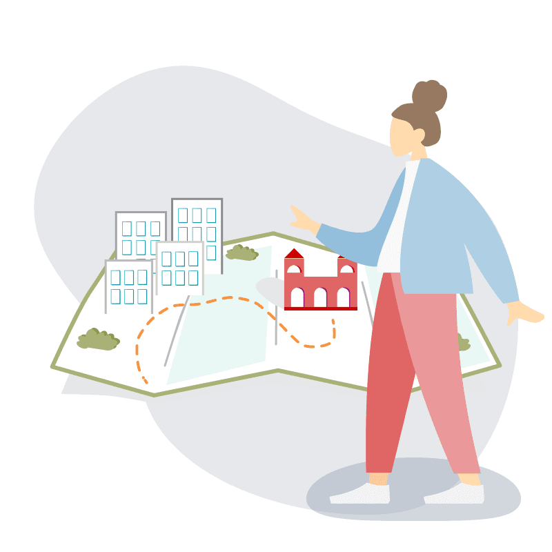 Illustrated image of woman standing in front of a map