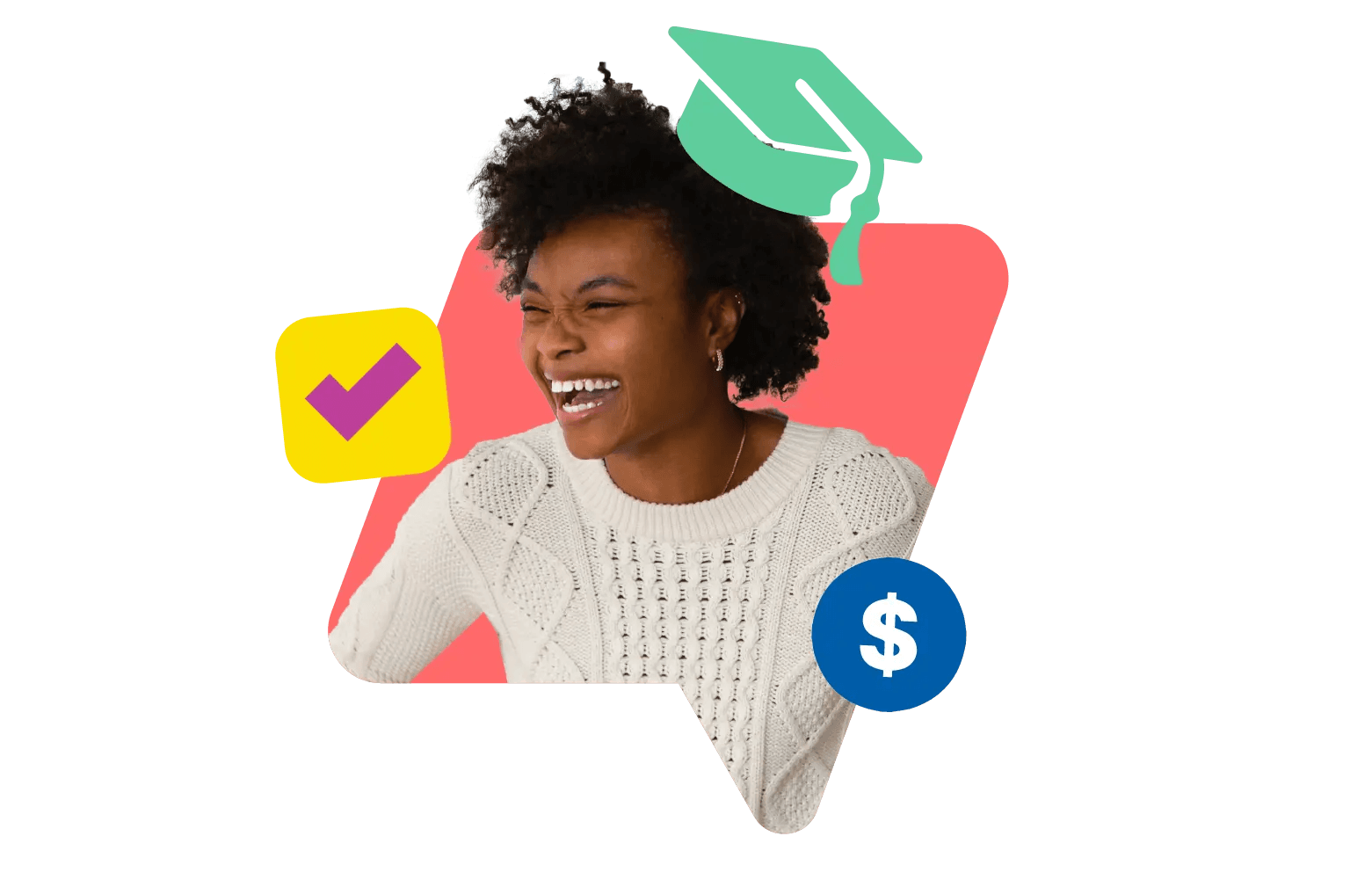 Young woman with an illustrated grad cap and a checkmark and money icon