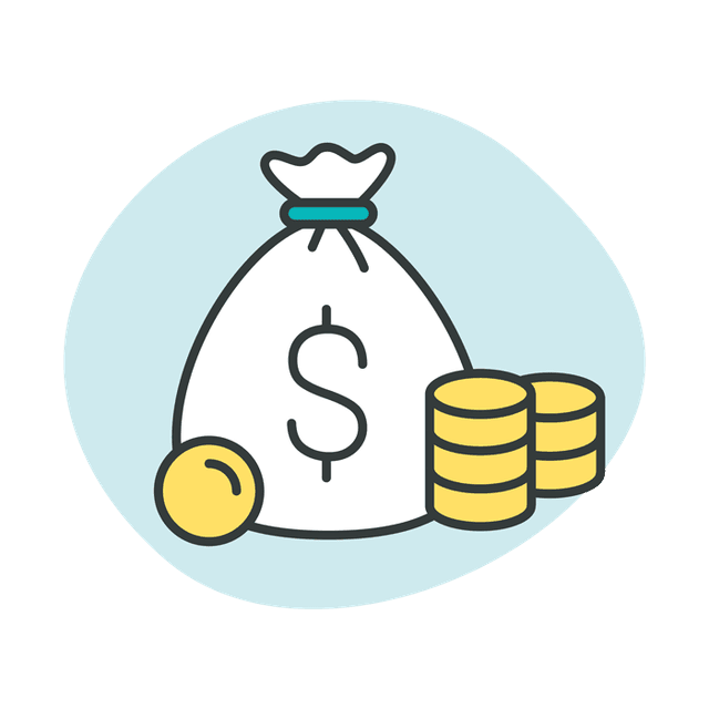 Illustration of a bag with a dollar sign on it, surrounded by several stacks of coins