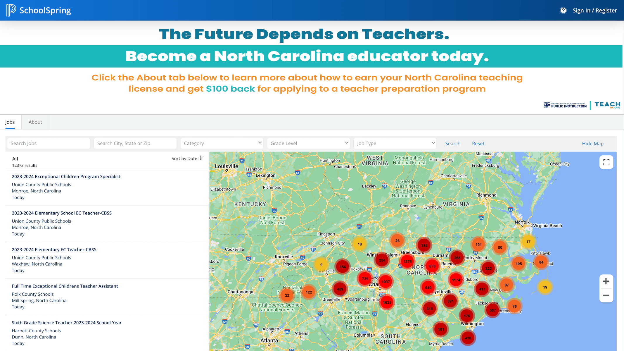 A screenshot of the SchoolSpring job board: A descending list of available jobs is on the left. A map of North Carolina is on the right, with open job locations pinned around the state.
